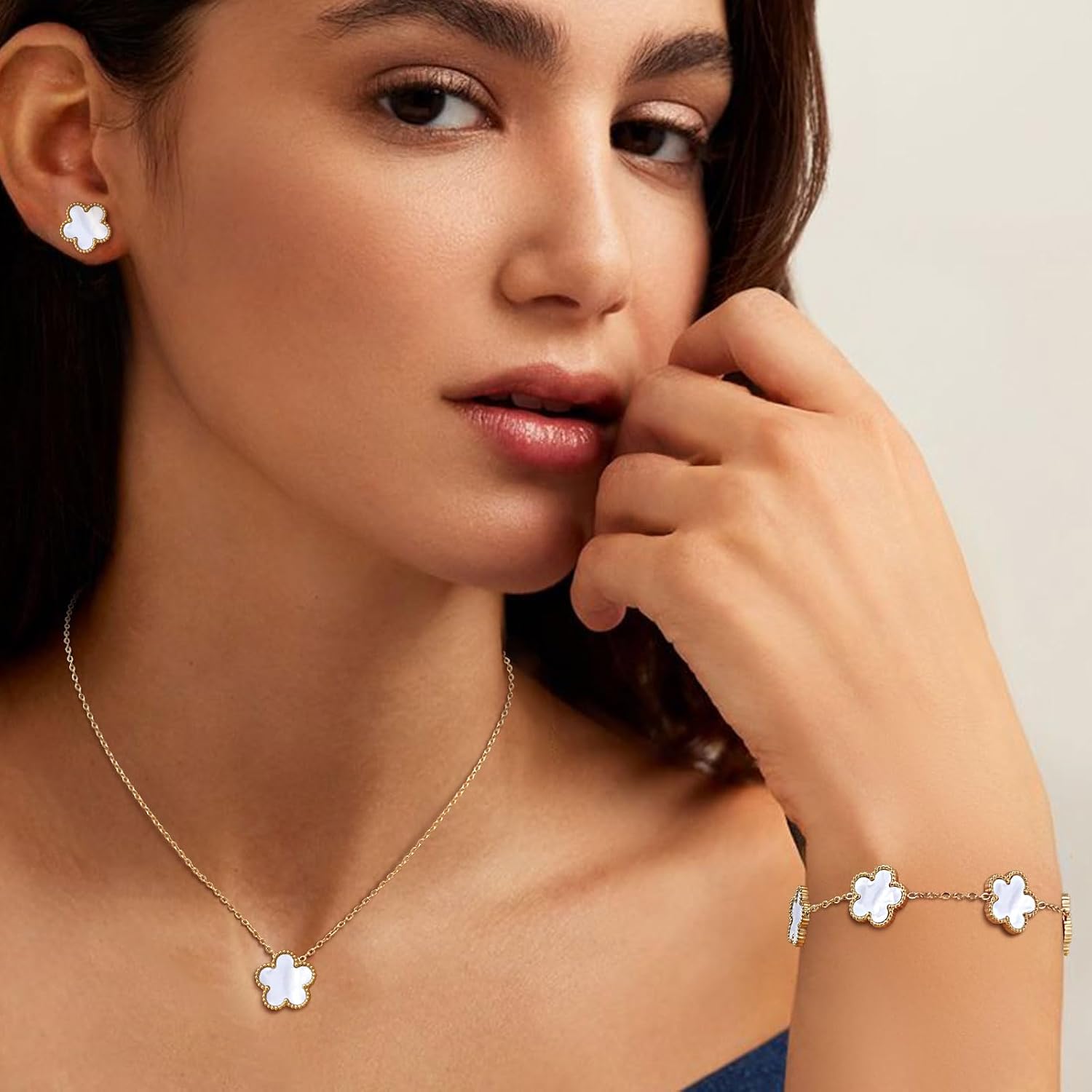 Gold Necklaces Bracelets Earring Set - 18K Gold Plated Flower Bracelet Chain,Stainless Steel Non Tarnish Floral