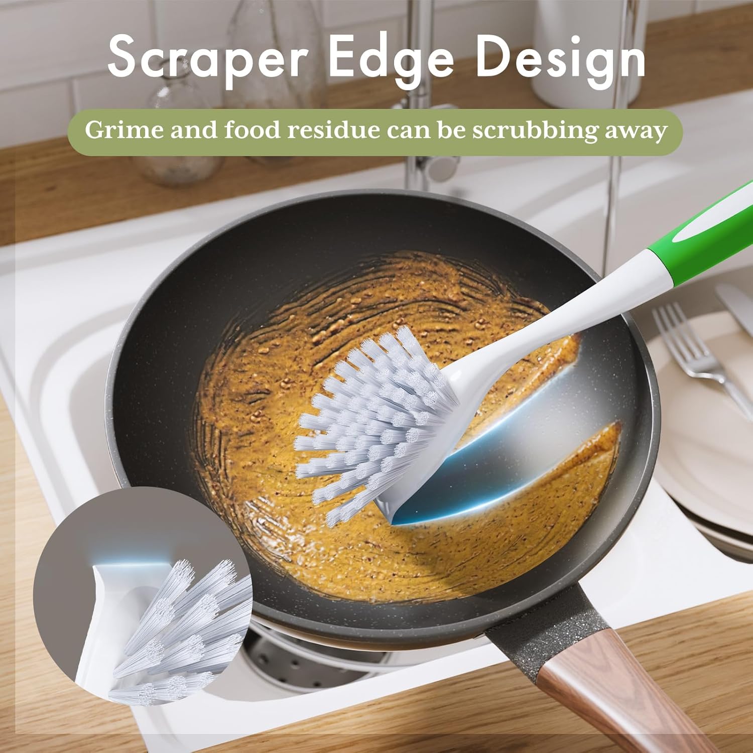 Dish Brush with Handle, 2 Pack Kitchen Scrub Brushes for Cleaning, Dish Scrubber with Stiff Bristles for Sink, Pots