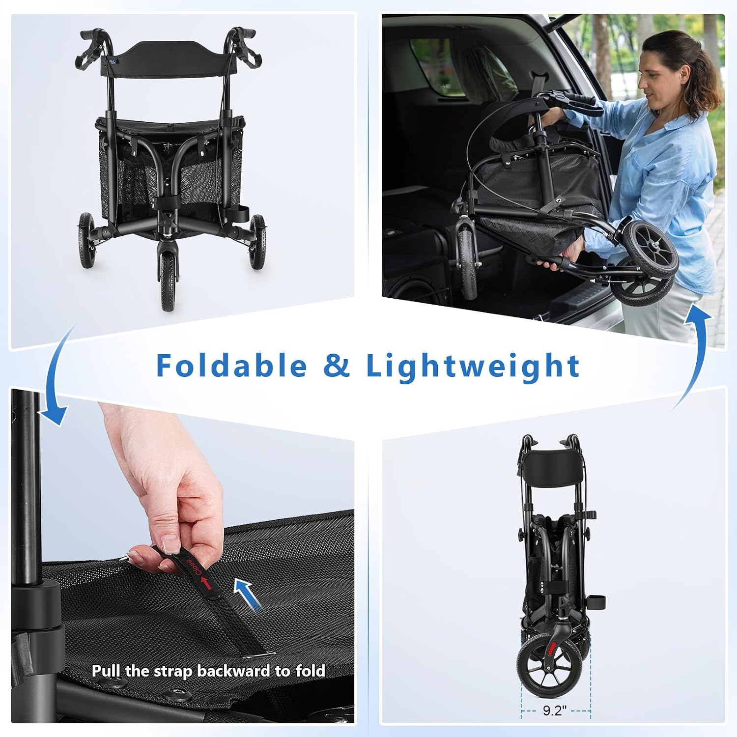 3 Wheel Rollator Walker with Seat for Slim Seniors, Padded Backrest Lightweight Foldable Travel Walker Ideal for