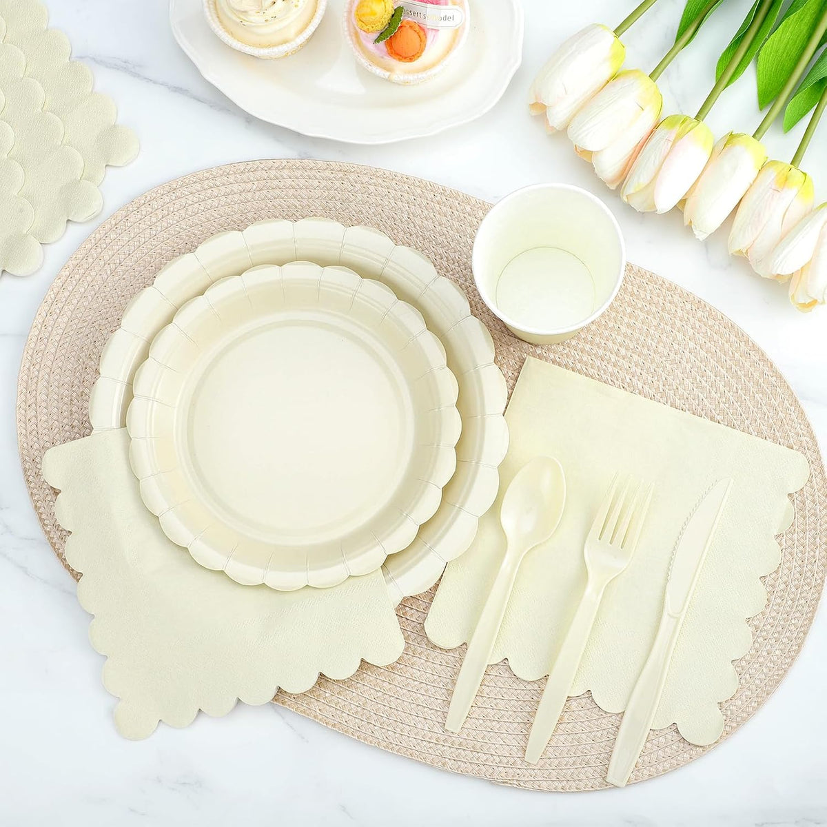 50 Set Disposable Dinnerware Sets Ivory Scalloped Plates Napkins