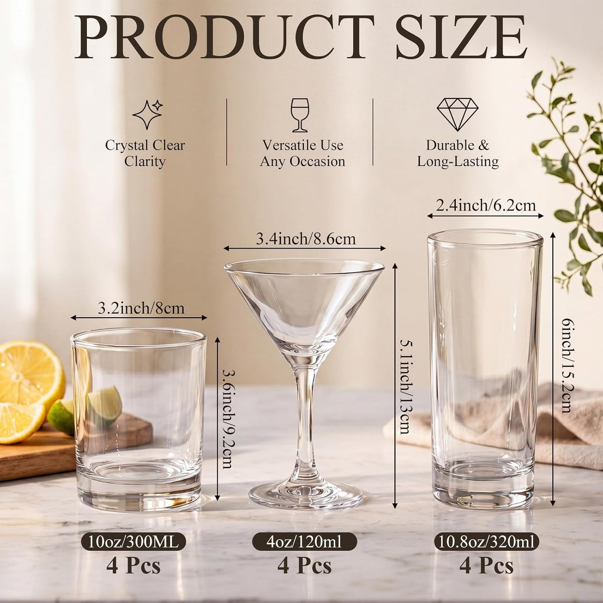 12 Set Mixed Cocktail Glasses, Rock & Martini & Highball Glasses