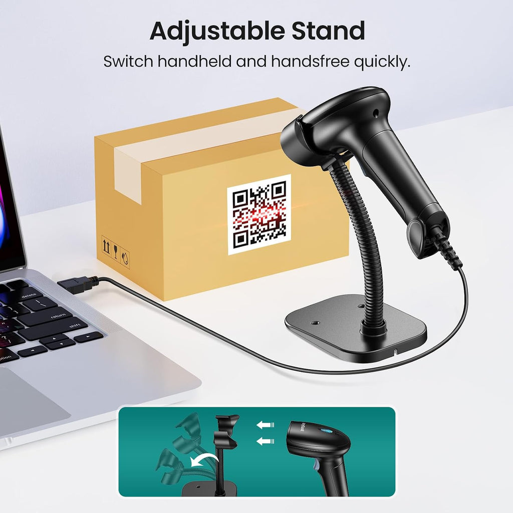 Barcode Scanner with Stand, USB Wired Inventory 2D 1D Code Scanner | Screen Scanning, Hands-free Adjustable Stand