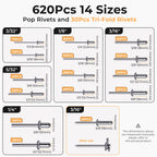 1200PCS Pop Rivets & Trifold Rivets Assortment Kit with Washers