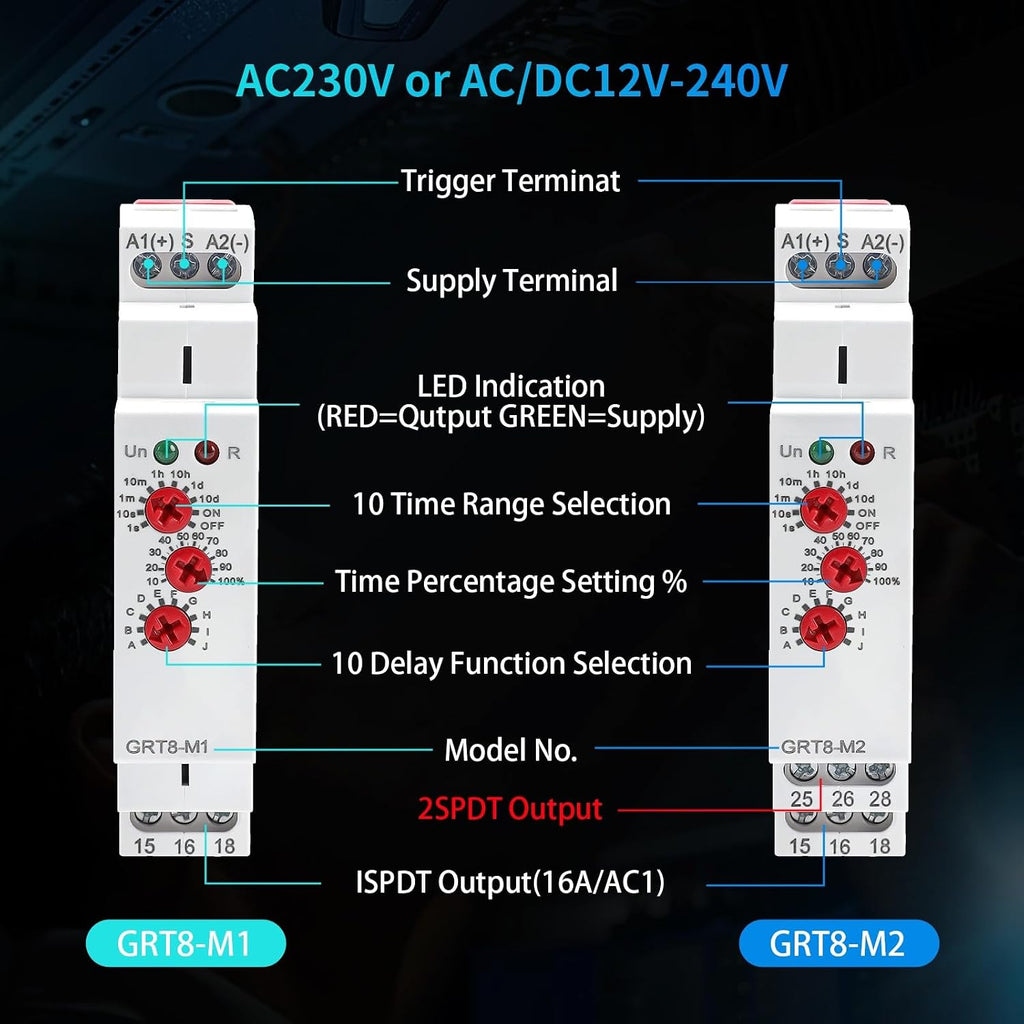 Multifunction Time Relay 16A Delay ON Off Time Relay GRT8-M2 AC DC 12-240V