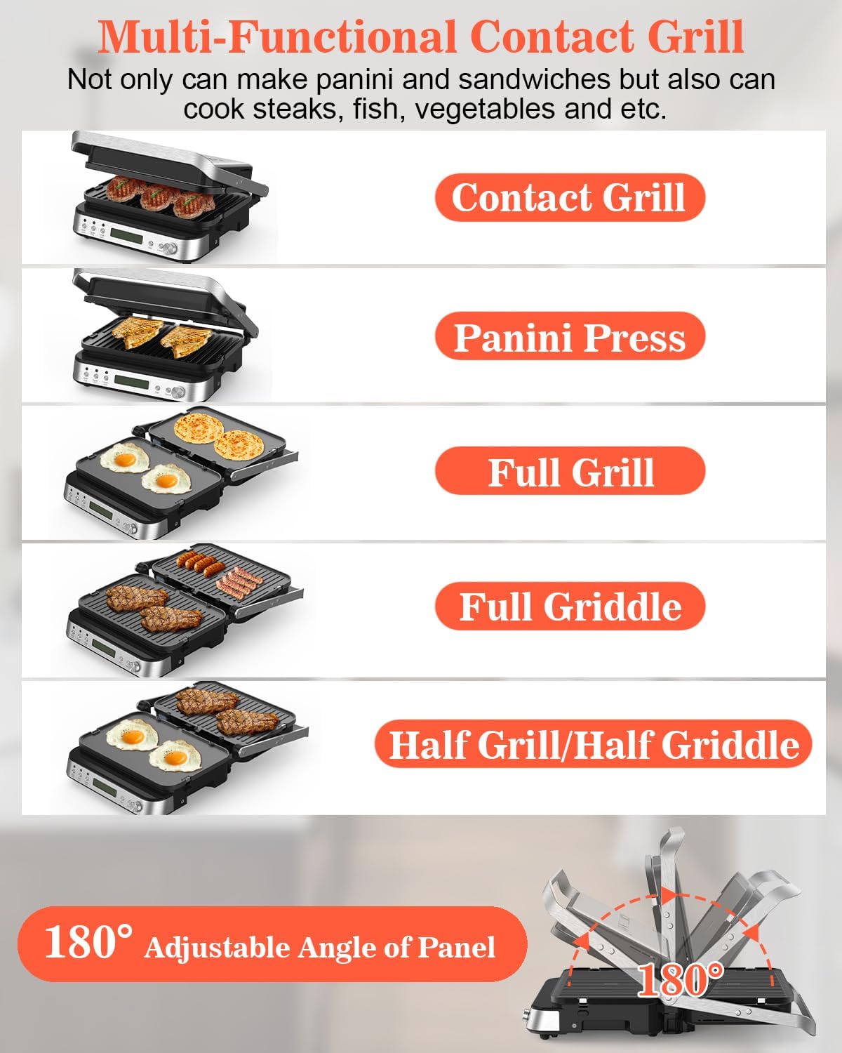 CATTLEMAN Panini Press Grill Sandwich Maker with Removable Plates, 1600W, 5 in 1 Smokeless Indoor Grill & Griddle