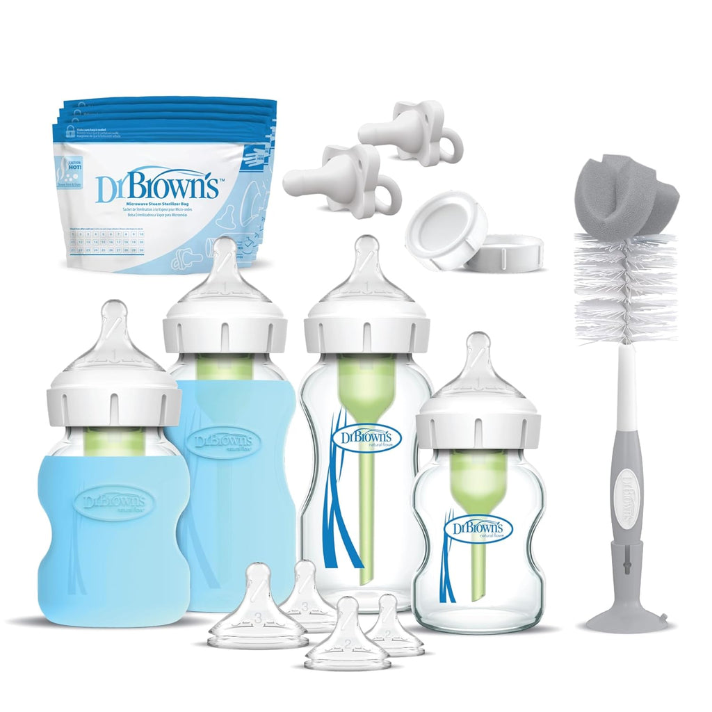 Anti-Colic Options+ Wide-Neck Glass Baby Bottle Starter Set with 100% Silicone Bottle Sleeves, Level 1, 2, and 3
