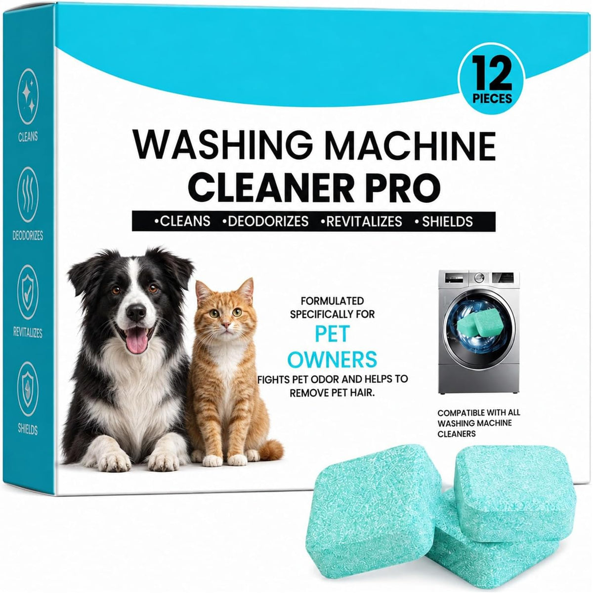 Washing Machine Cleaner Tablets, 12 Count Washer Cleaner for Pet Owners, Deep Cleaning Deodorizer for HE Front Load