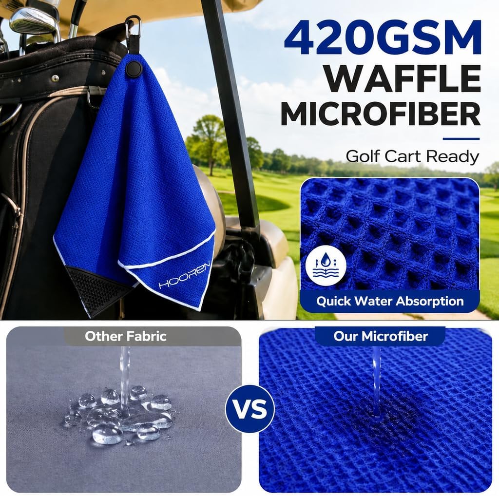 Magnetic Golf Towel, 4-in-1 Golf Club Cleaning Kit with Groove Cleaner Brush & Storage Pocket, 3-Stage Waffle
