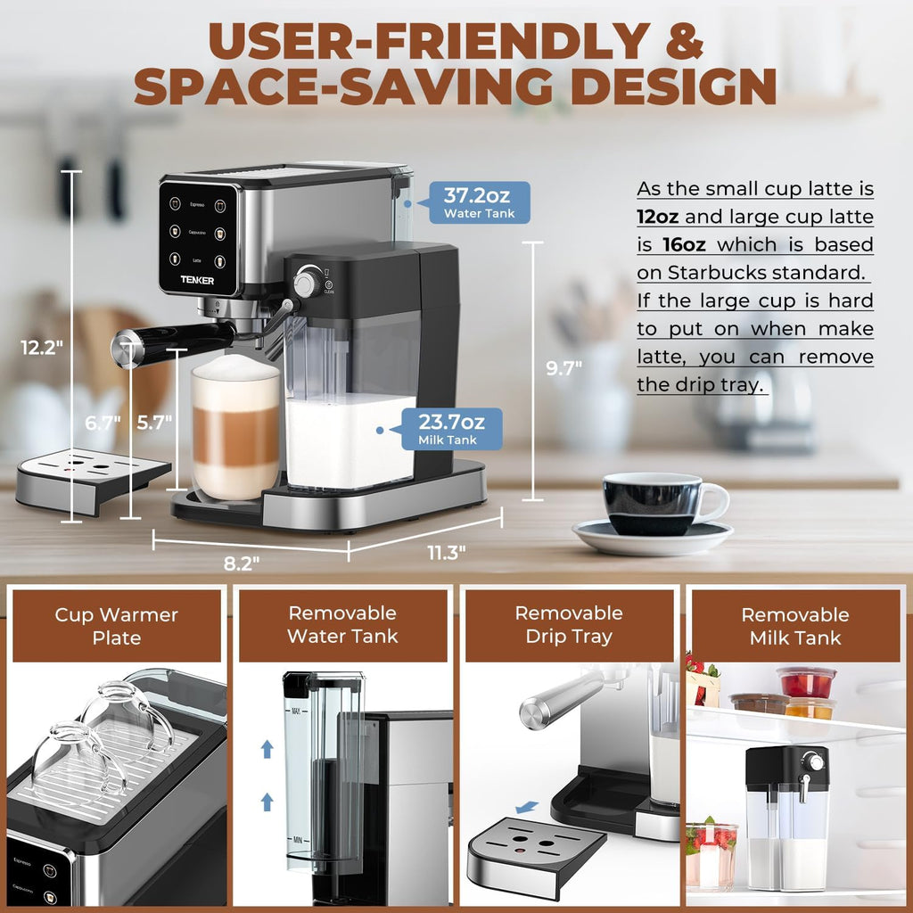 Espresso Machine 20 Bar, Cappuccino Machine with Automatic Milk Frother, Latte Machine in Stainless Steel Design