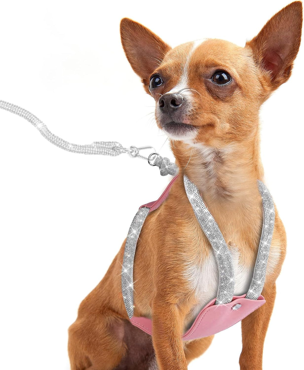 Rhinestone Dog Harness, Pink Leather No Pull Vest with Bling White Crystals, Adjustable Soft Walking Harness for