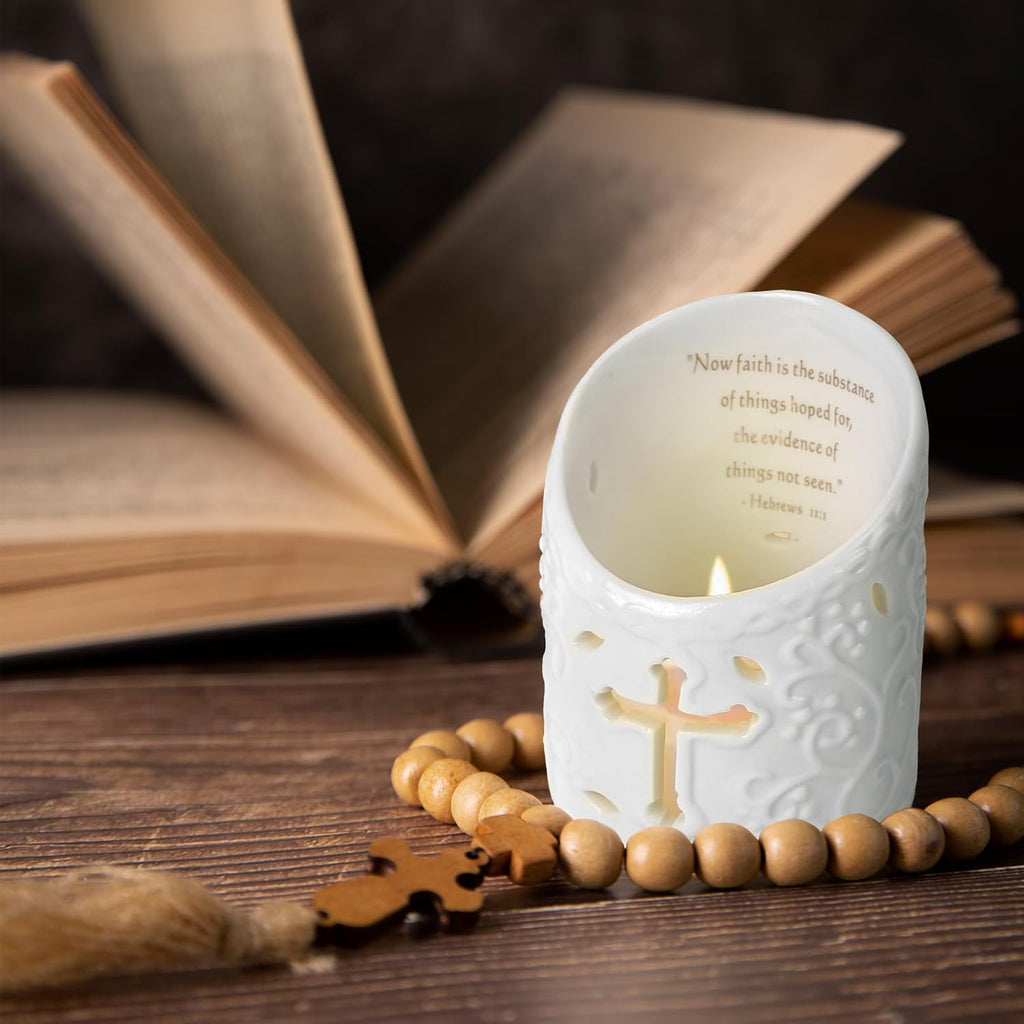 Candle Holder Ceramic Christian Cross Tea Light Holder with Bible Verse Tealight Cup Votive Candle Holder for Wedding