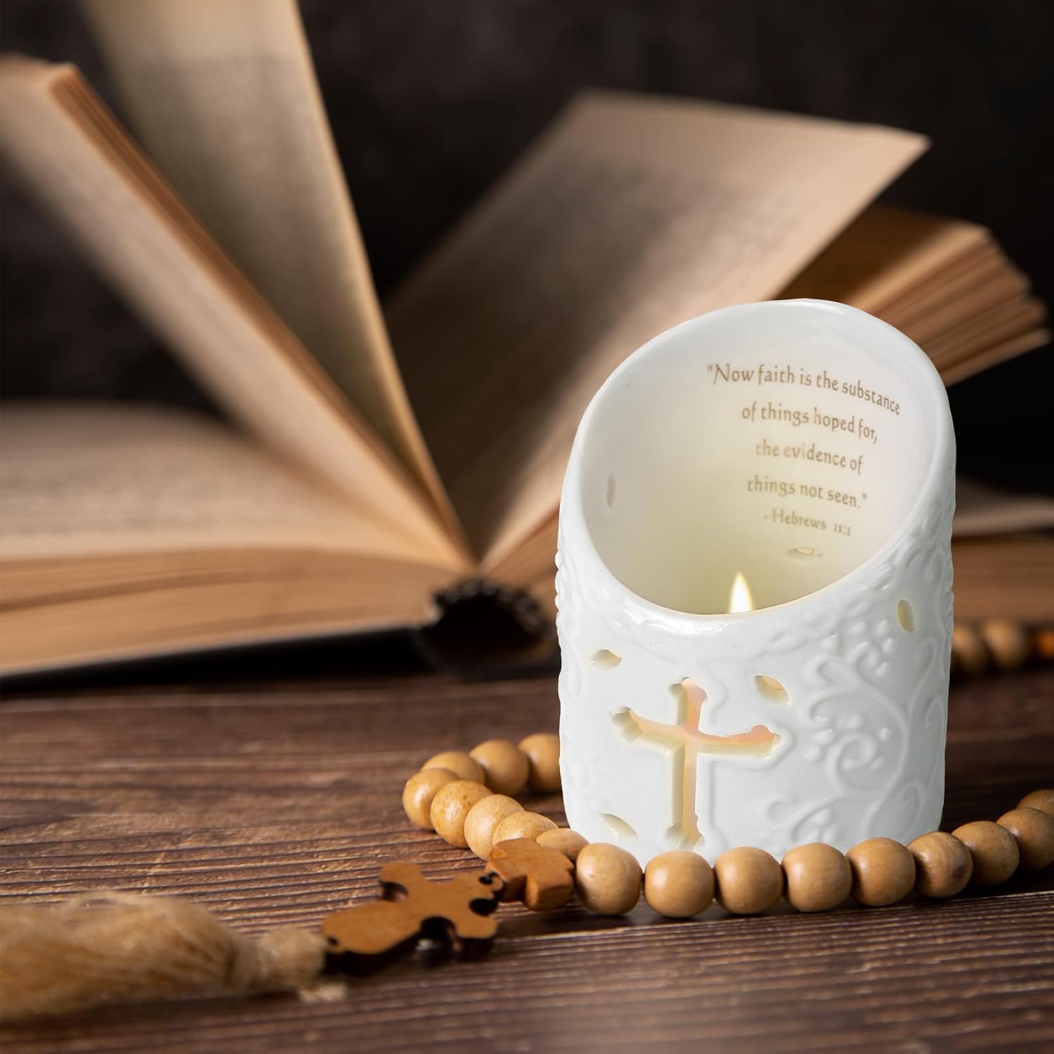 Candle Holder Ceramic Christian Cross Tea Light Holder with Bible Verse Tealight Cup Votive Candle Holder for Wedding