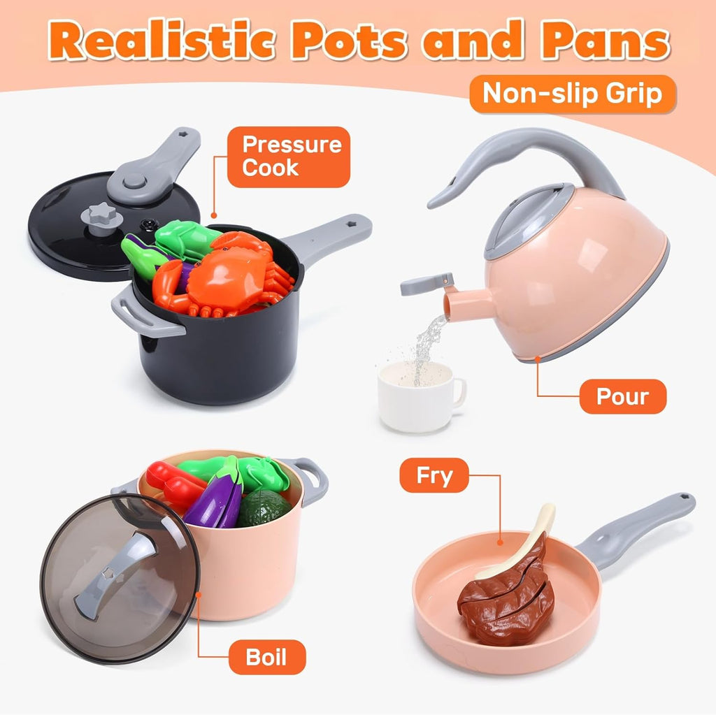 74-Pcs Kids Kitchen Toy Accessories with Basket, Pretend Play Cooking Set with Toy Pots and Pans, Utensils, Cookware