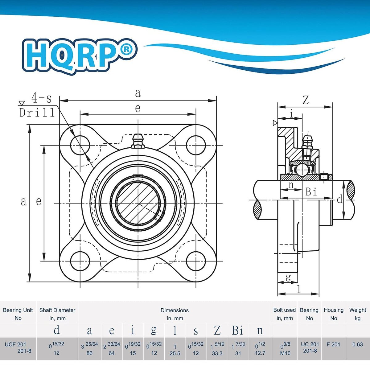 HQRP 4-Pack UCF201-8 Pillow Block Bearing 1/2 inch Bore, 4-Bolt Flange Mounted, Solid Base, Self-Alignment, Square