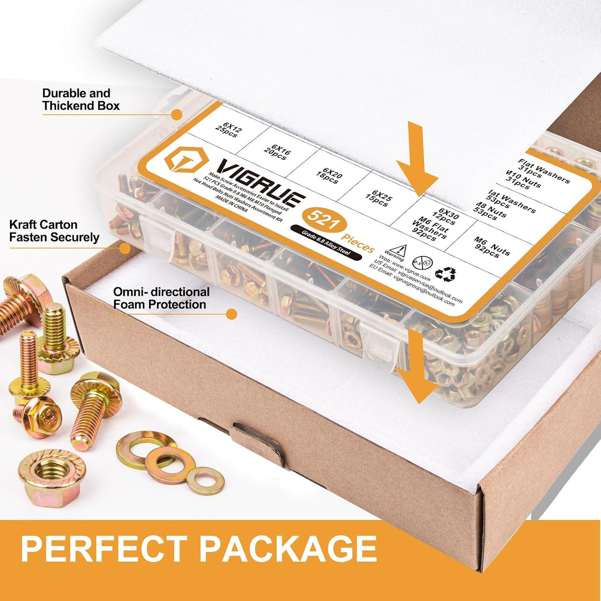 VIGRUE 521PCS M6 M8 M10 Flange Bolts Assortment Kit Metric Class 8.8 Serrated Hex Cap Flange Hex Bolts Flange Nuts Assorted Set, Coarse Full and Half Threads