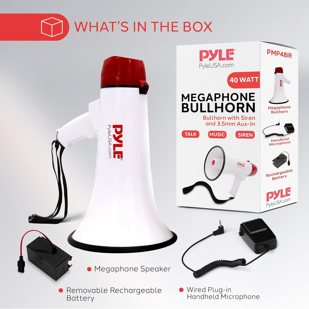 Megaphone Speaker PA Bullhorn - with Built-in Siren Rechargeable Battery, Auxiliary Jack 40 Watts & 1000 Yard Range
