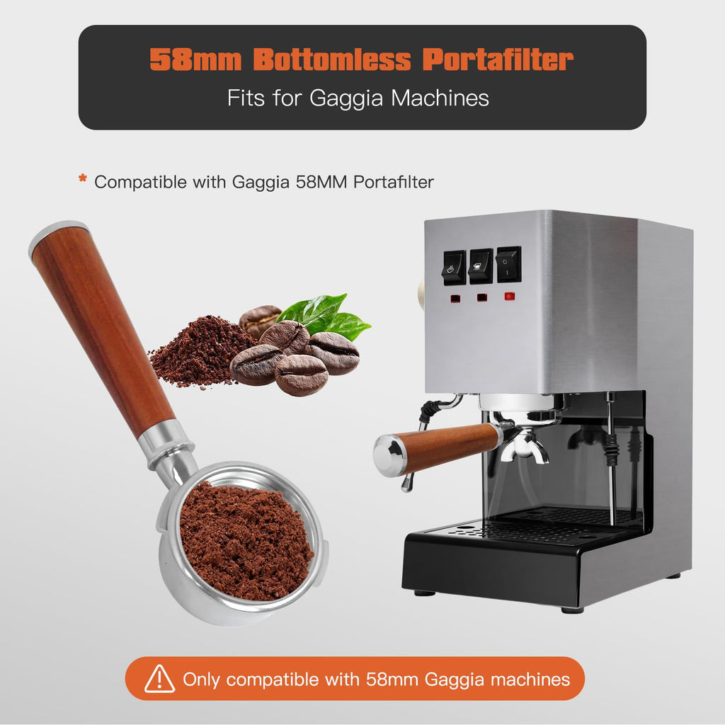 Neuroquill Bottomless Portafilter 58mm Compatible For Gaggia Classic/Classic Pro | Walnut Handle