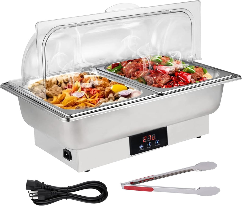 Electric Chafing Dishes for Buffet 9.5Qt Food Warmer for Party | 2 Serving Trays & Tong, Clear Roll-Top Cover