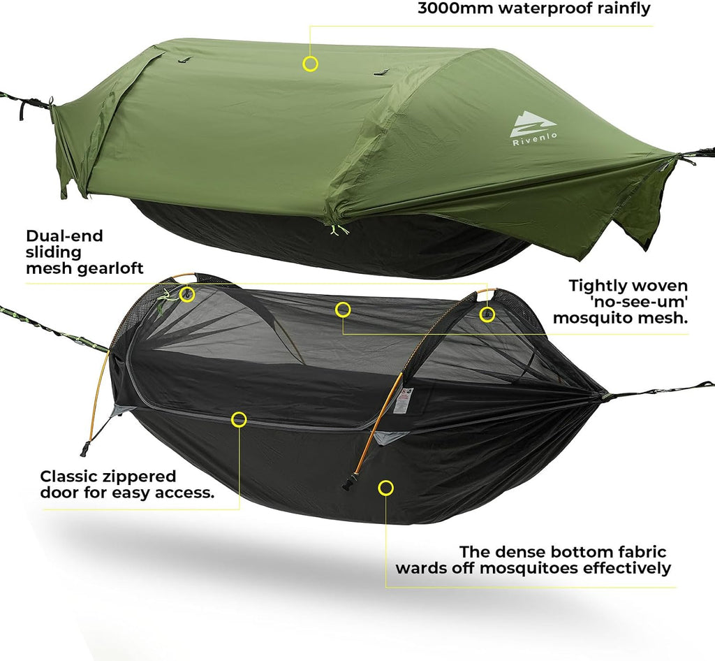 Camping Hammock Tent with Mosquito Net & RainFly, 3 in 1 Waterproof Lightweight Portable Sleeping Hammock Bug, Travel