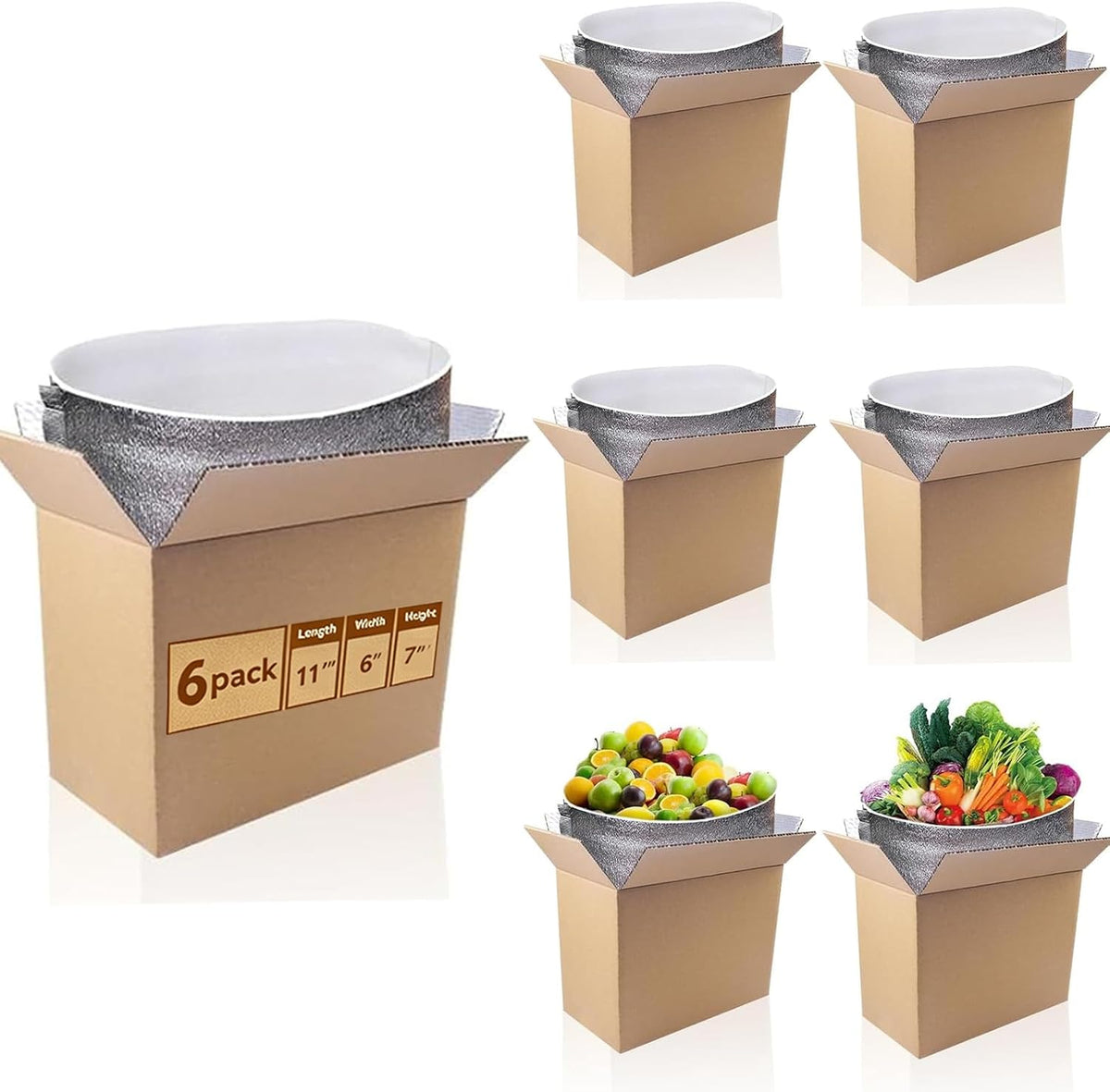 Insulated Shipping Box, 11" x 6" x 7", 6-Pack, Brown