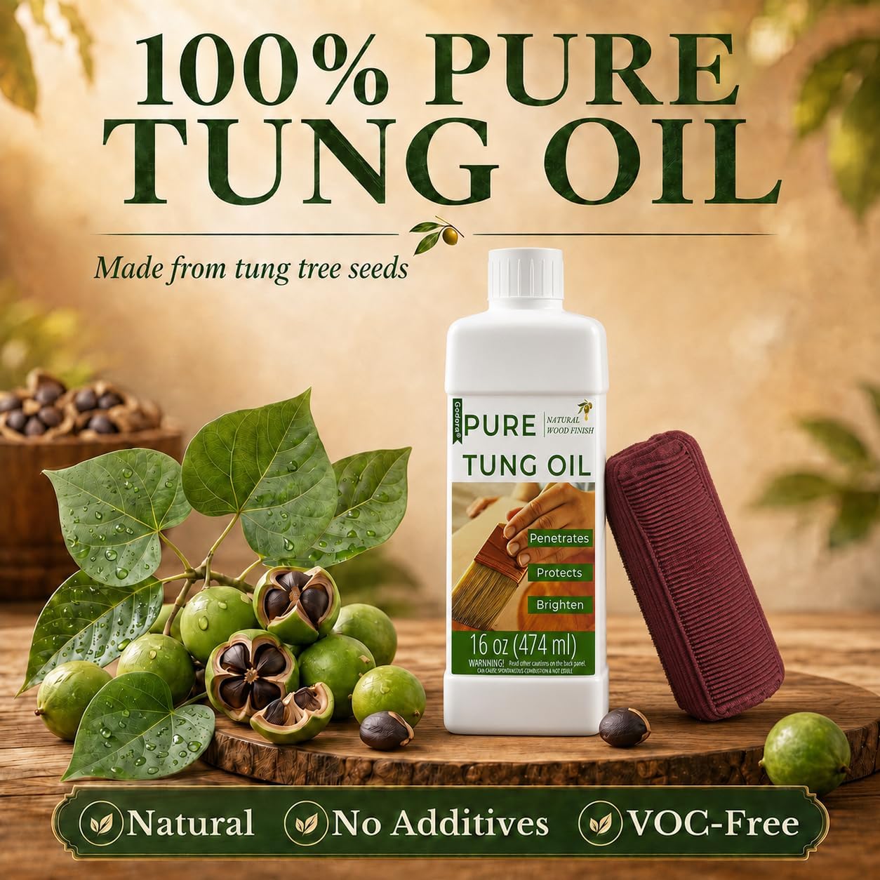 16oz 100% Pure Tung Oil, Food Safe Waterproof Wood Finish with Easy Cloth | Deep-penetrating wood sealer enhances