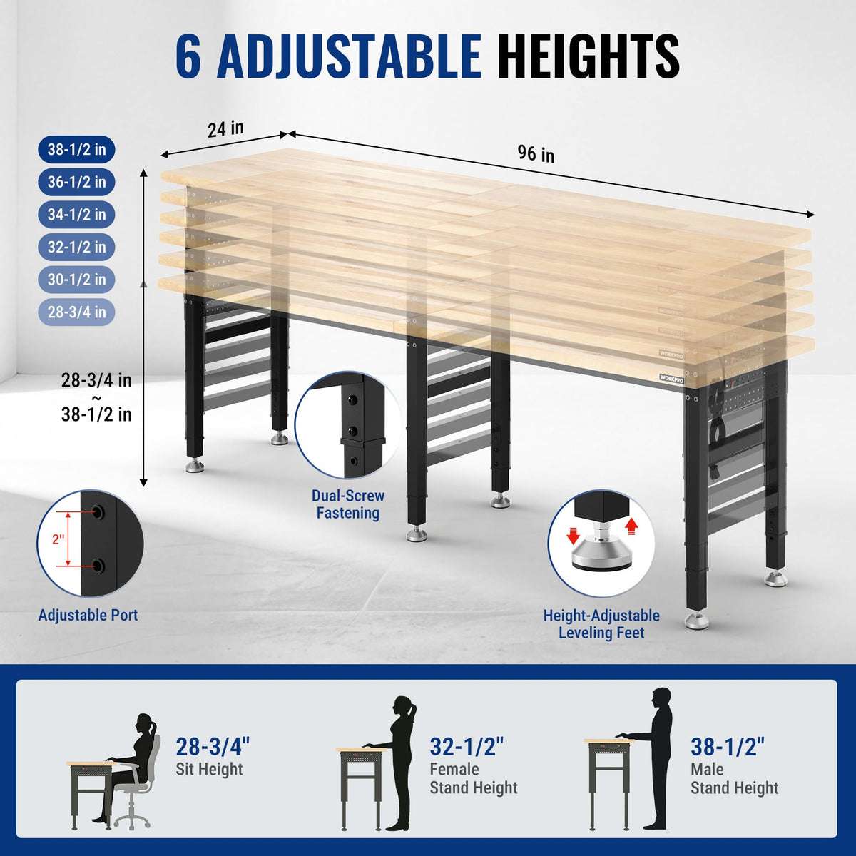 96" Adjustable Workbench, Power Outlet & Pegboard, 4000LBS Capacity