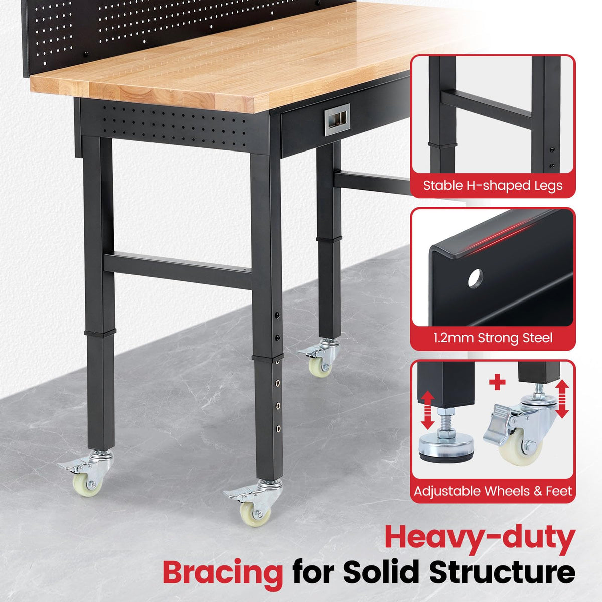 60" Heavy Duty Workbench with Wheels, Adjustable Height Garage Work Bench with Solid Rubberwood Top, Drawer, Pegboard
