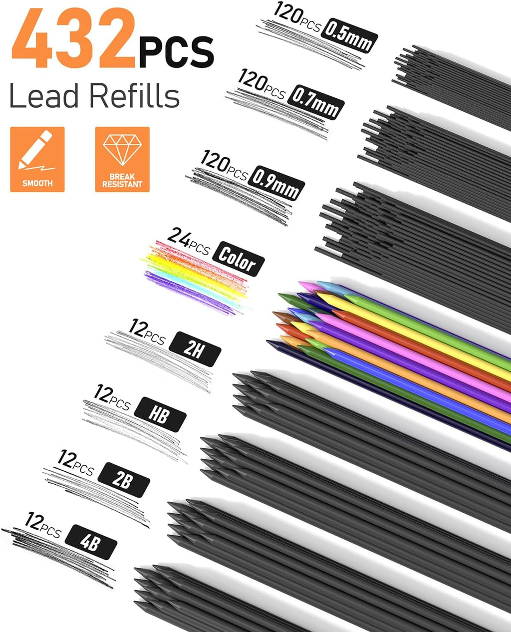 25PCS Mechanical Pencil Set, 0.5, 0.7, 0.9 & 2mm, Storage Case | 432 Lead Refills (HB 2H 2B 4B Color), Kneaded
