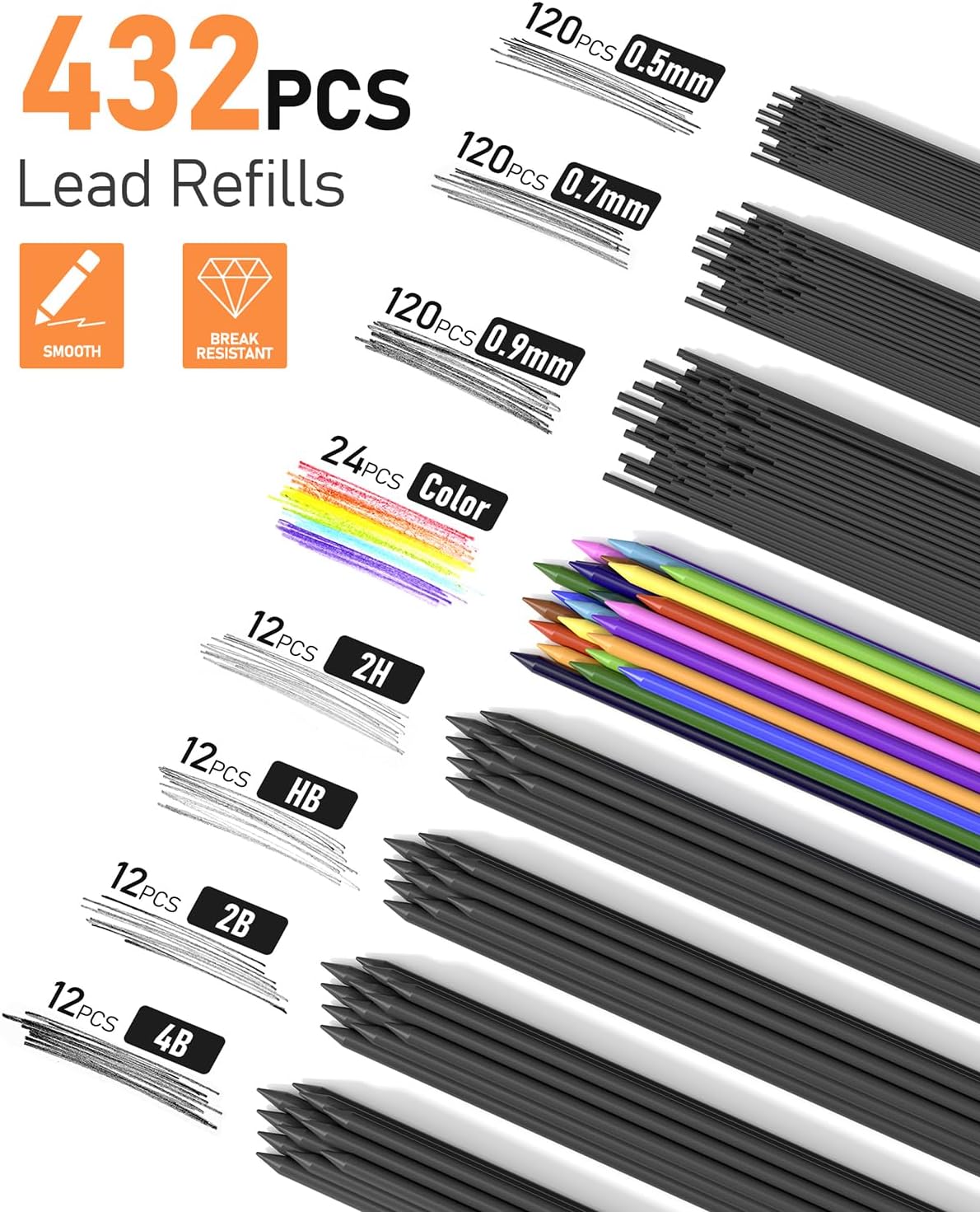 25PCS Mechanical Pencil Set, 0.5, 0.7, 0.9 & 2mm, Storage Case | 432 Lead Refills (HB 2H 2B 4B Color), Kneaded