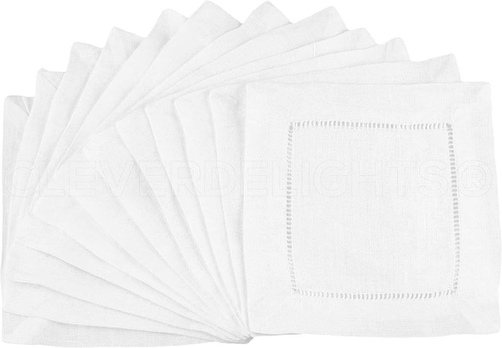 6" White Linen Hemstitch Cocktail Napkins - 12 Pack - 100% Linen