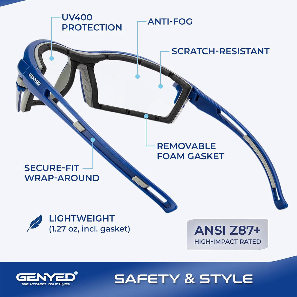 Safety Glasses ANSI Z87+ with Removable Foam Gasket, Clear Lens, Anti-Fog, Scratch-Resistant, UV400 Wraparound