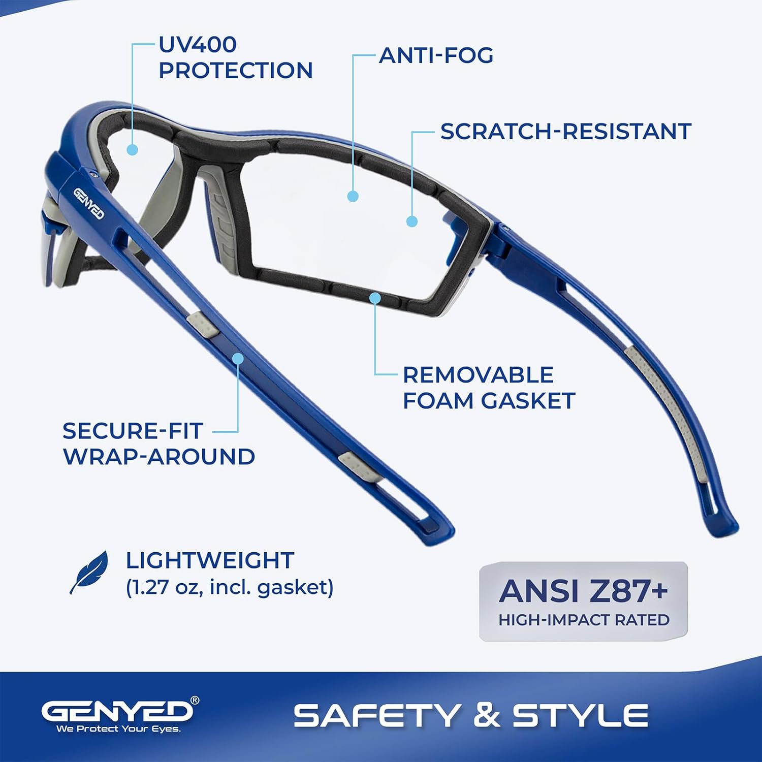 Safety Glasses ANSI Z87+ with Removable Foam Gasket, Clear Lens, Anti-Fog, Scratch-Resistant, UV400 Wraparound