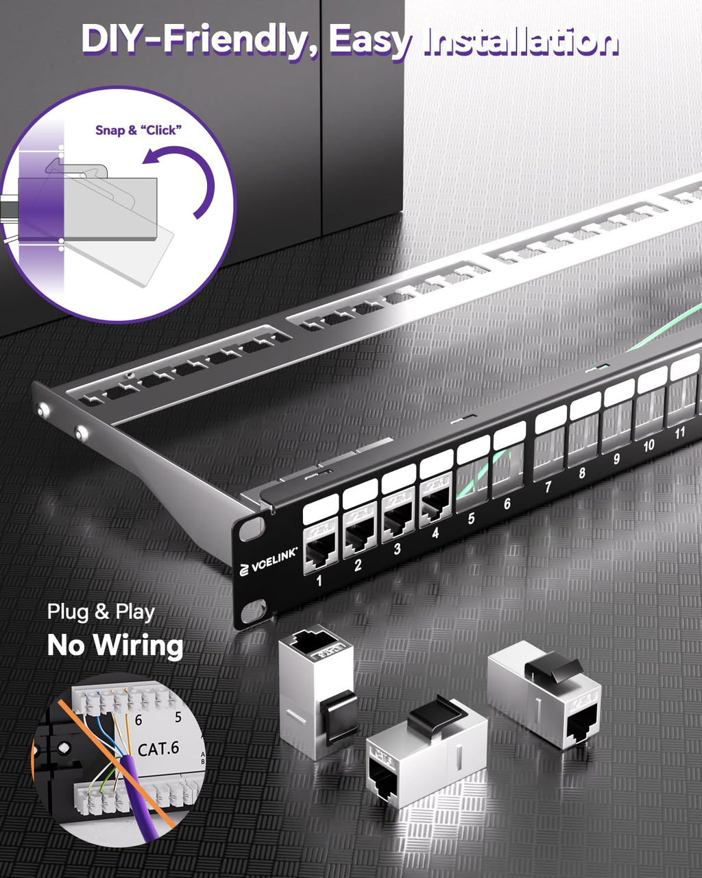 24 Port Shielded Cat6A Keystone Patch Panel, 1U 19-Inch All Metal | With Inline Keystone Coupler and Cable Management
