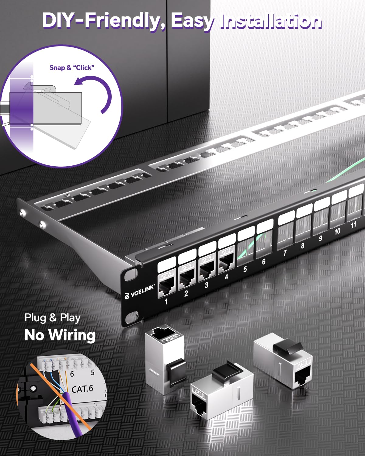 24 Port Shielded Cat6A Keystone Patch Panel, 1U 19-Inch All Metal | With Inline Keystone Coupler and Cable Management