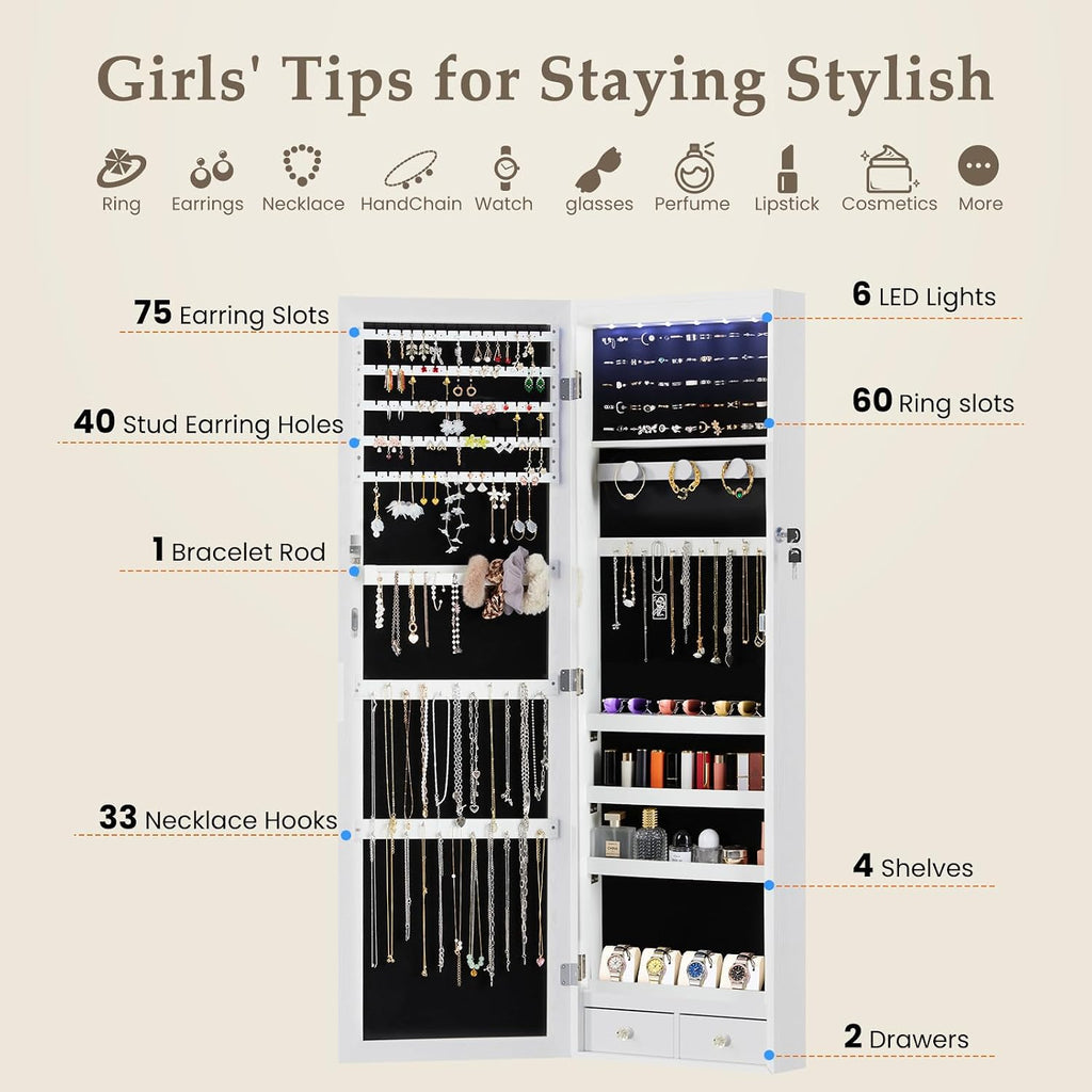 6 LEDs Mirror Jewelry Cabinet, Wall or Door Mounted Jewelry Organizer, 47.2-Inch Tall Lockable Large Capacity