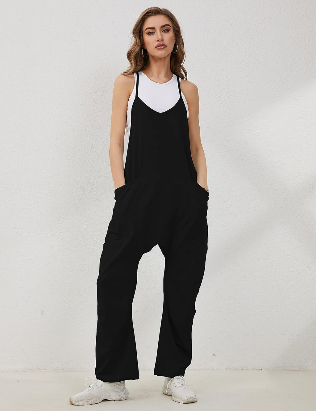Women's Causal Jumpsuits V Neck Sleeveless Harem Overalls Stretchy Adjustable Strap Romper with Pockets