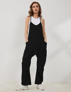 Women's Causal Jumpsuits V Neck Sleeveless Harem Overalls Stretchy Adjustable Strap Romper with Pockets