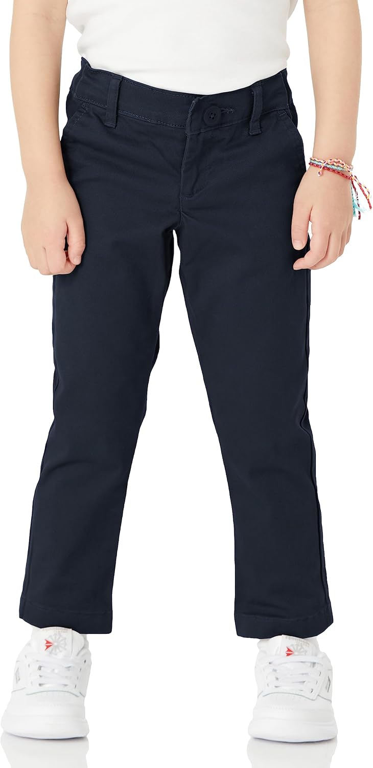 Girls and Toddlers' School Uniform Straight Leg Adjustable Waist Flat-Front Chino Pants, Pack of 3