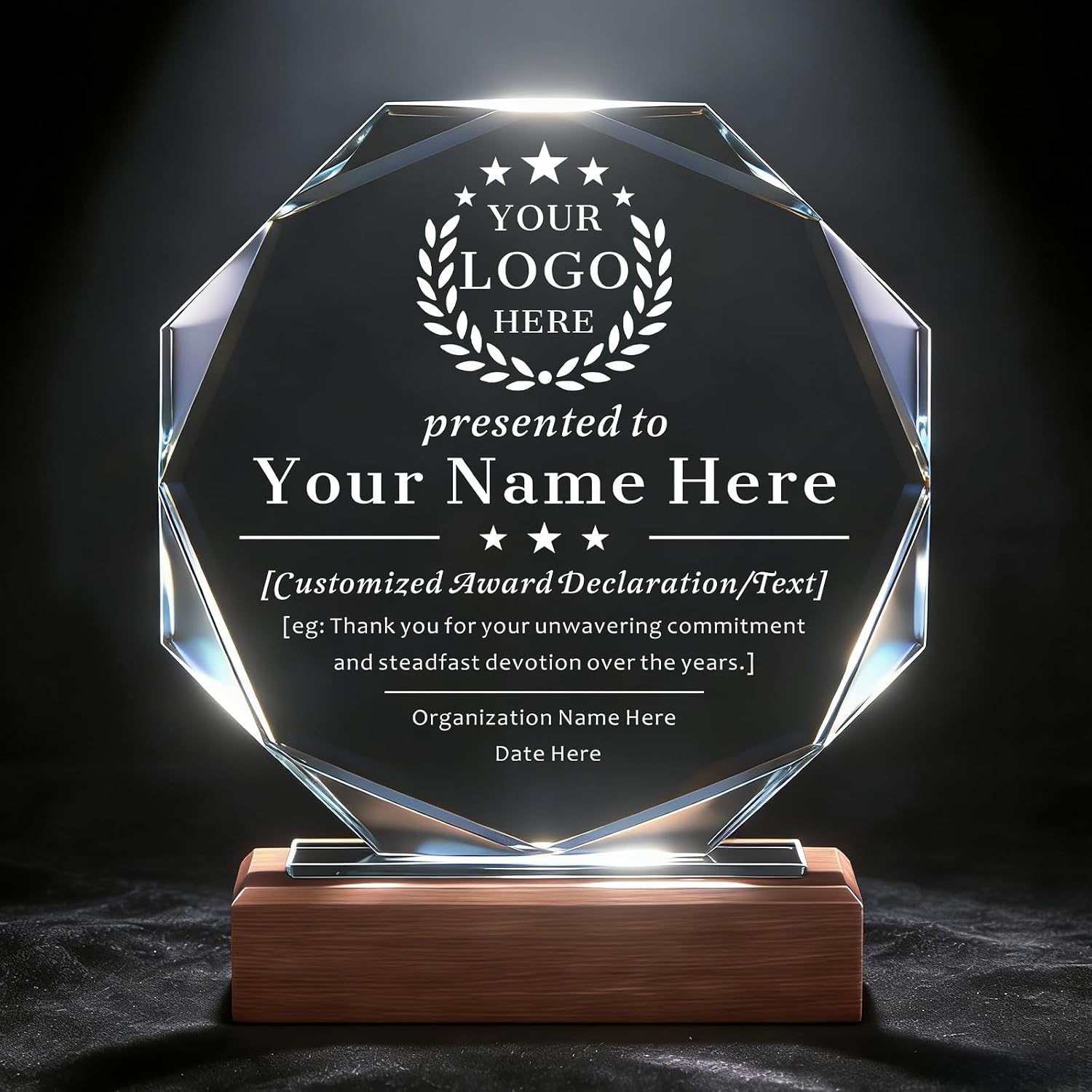 SHIP NEXT DAY, Personalized Crystal Award Trophy - Custom with Company Logo Text & Employee Name, Engraved Award for