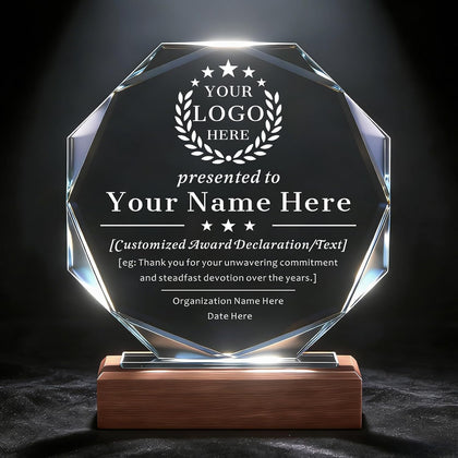 SHIP NEXT DAY, Personalized Crystal Award Trophy - Custom with Company Logo Text & Employee Name, Engraved Award for