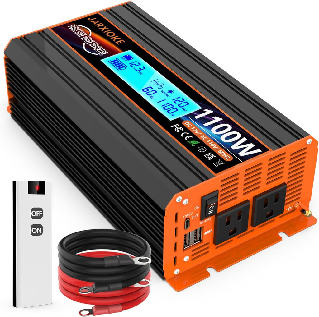 1100 Watt Pure Sine Wave Power Inverter 12V DC to 110V 120V Converter for Family RV Off Grid Solar System Car with