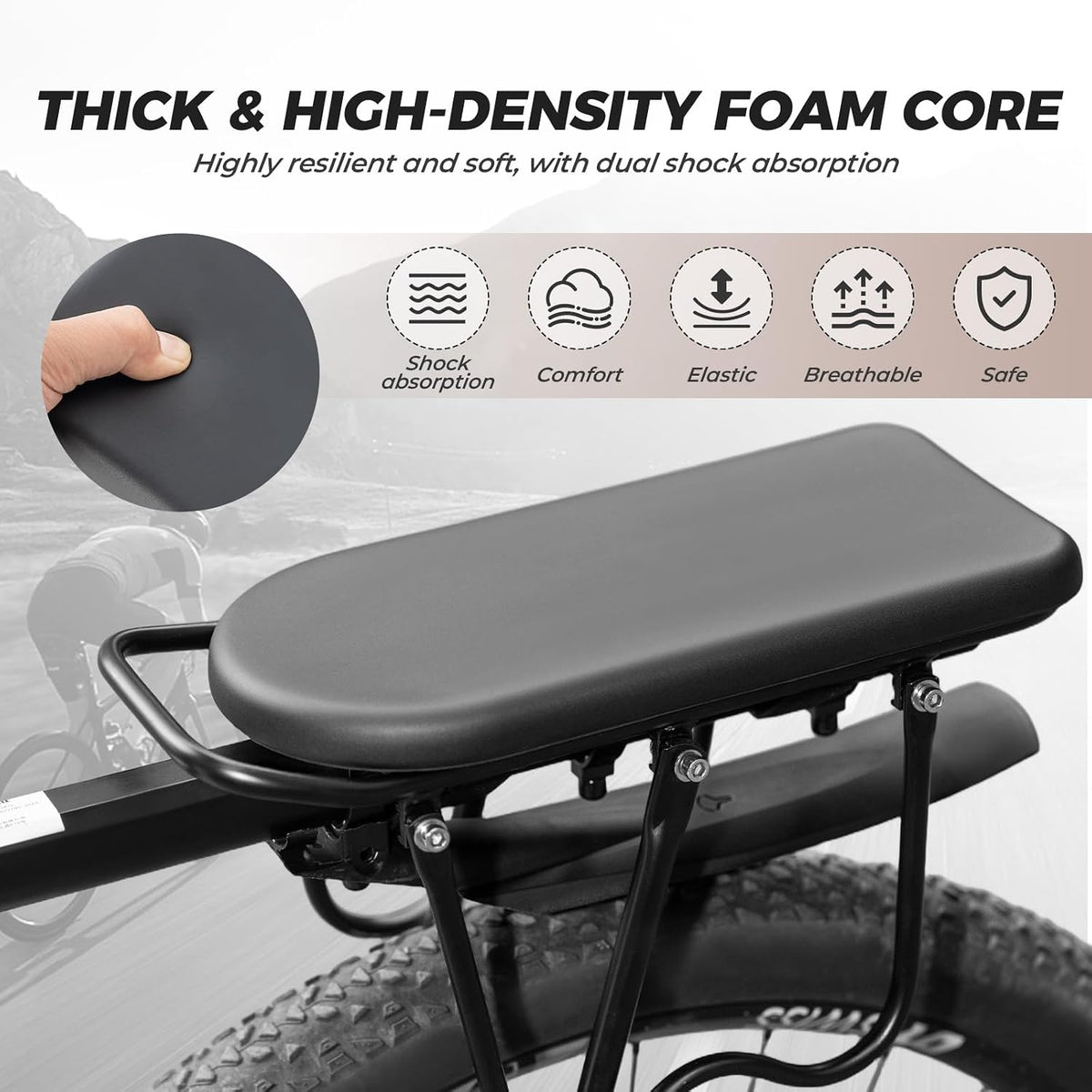 Bike Rear Seat Youth Pad Manned Cushion with Hook & Loop Strap Child Bike Seat Bicycle Back Shelf MTB, Ebike Carrier