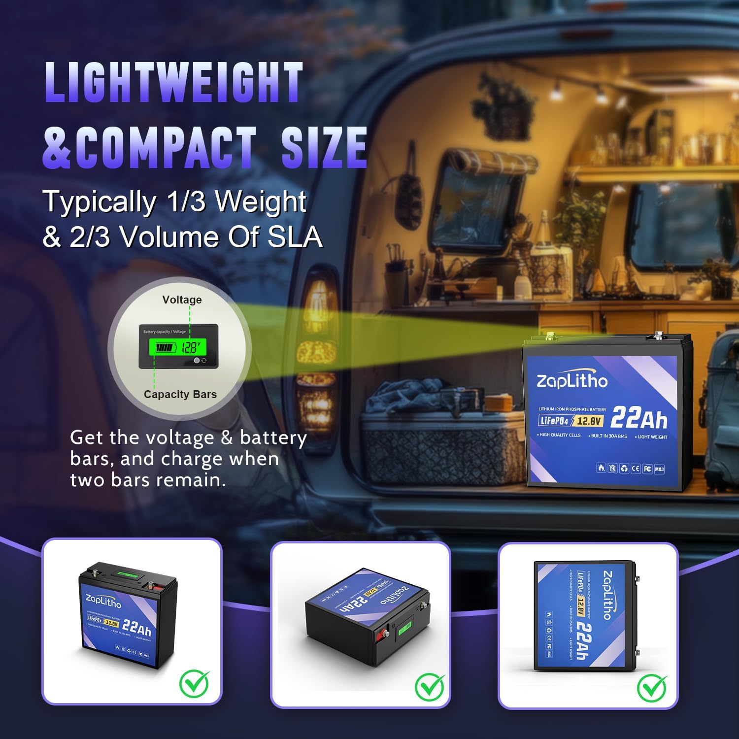 Upgraded 12V 22Ah Lithium Battery LiFePO4, LCD Voltage Diaplay & 30A BMS, Deep Cycle Grade A Cells, Lightweight