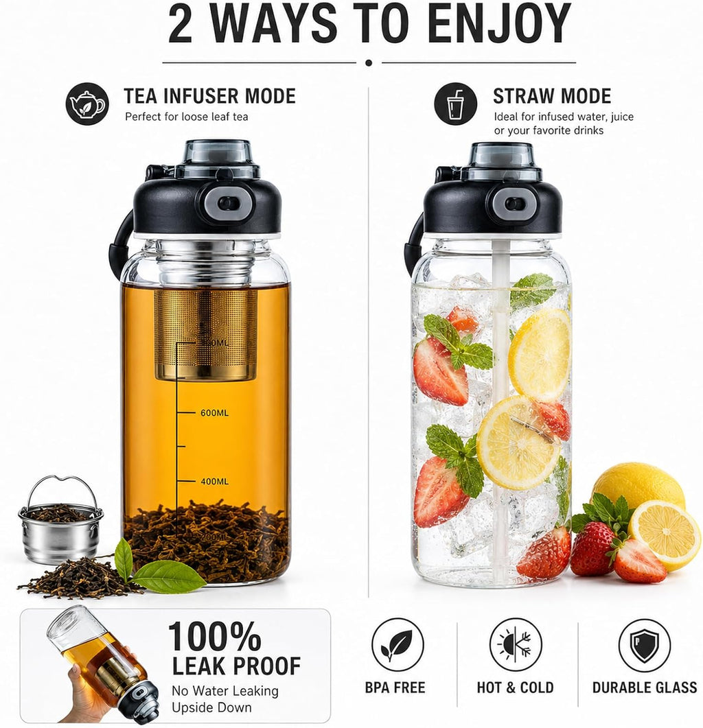 34oz Glass Water Bottle with Straw, Infuser & Protective Sleeve, BPA-Free Large Capacity drinking bottles for Hot or
