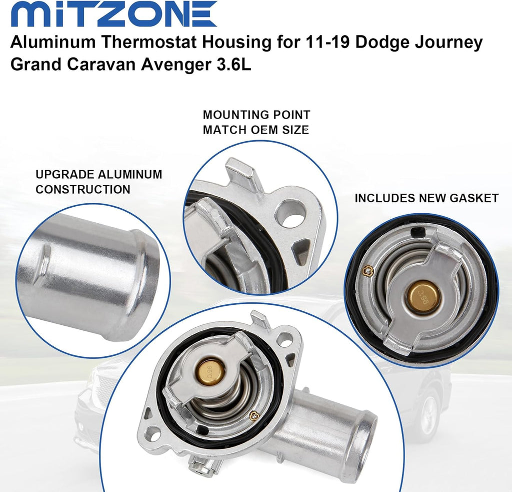 MITZONE Upgrade Aluminum Thermostat Housing Assembly Compatible with 2011-2021 Jeep Dodge RAM Chrysler 3.6L 3.2L V6 Vehicles - 200 Town & Country Avenger Grand Caravan Cherokee