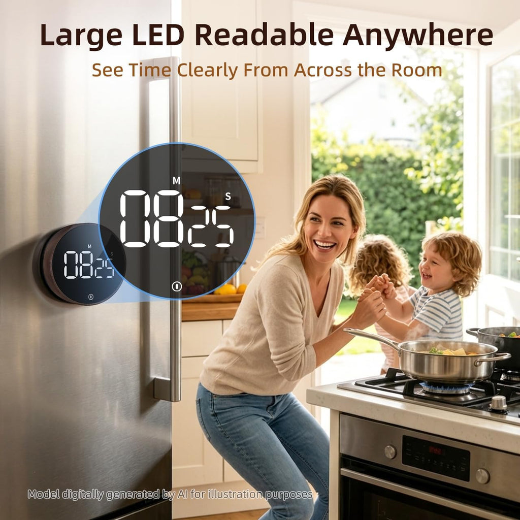 Digital Magnetic Kitchen Timer & Stopwatch with LED Display, Woodgrain