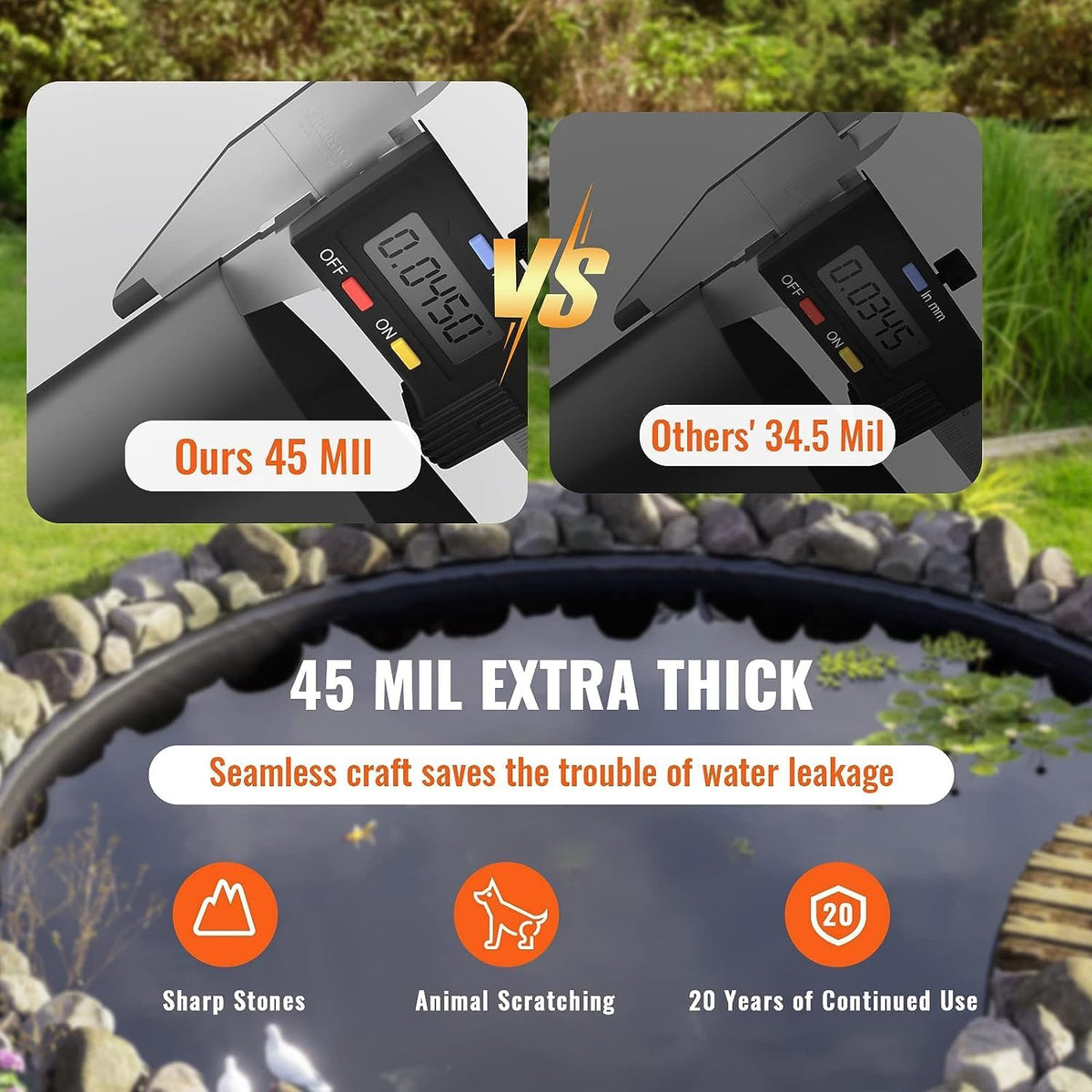 20 x 25 ft Pond Liner, 45 Mil Thickness, Durable EPDM Material, Black