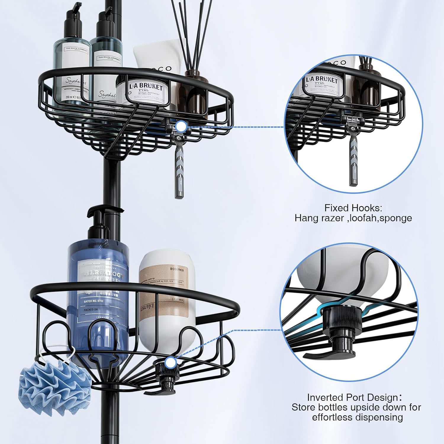 Corner Shower Caddy Tension Pole: Stainless Steel Rustproof 4-Tier Shower Organizer - 47-121 inch Adjustable Bathroom
