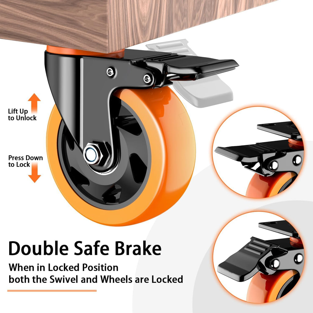 4 inch Casters Set of 4 Heavy Duty, Casters Wheels with Brake Load 2200lbs, Locking Swivel Top Plate Caster