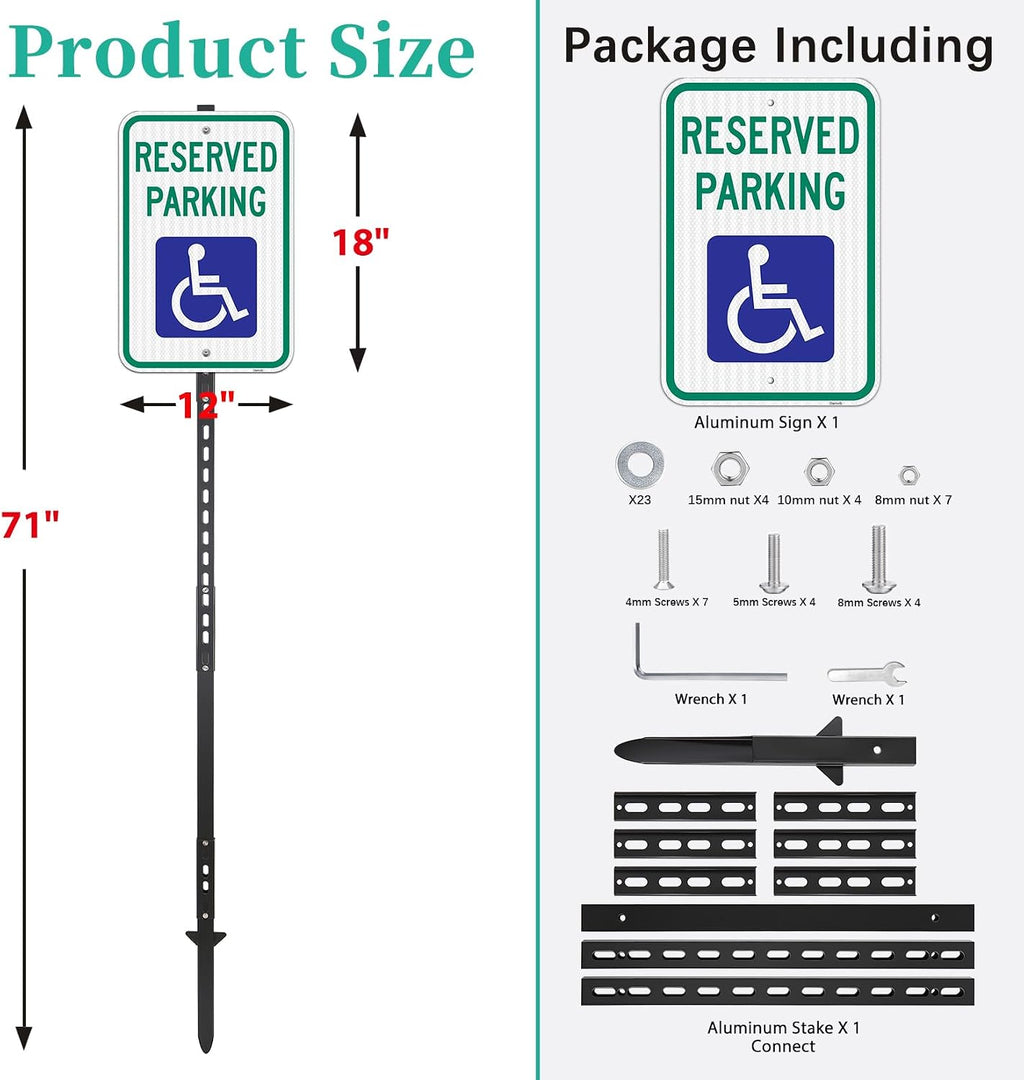 Handicap Reserved Parking Sign with 6Ft Stake, 18x12in | Engineer Grade Reflective Aluminum, Weatherproof Rustproof